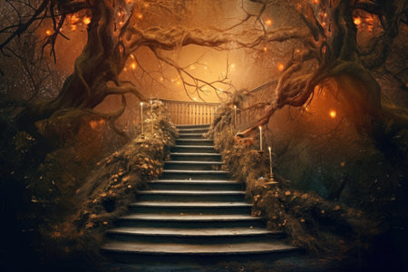 Fantasy landscape with old tree, stairs and lights. Halloween backgroundの素材