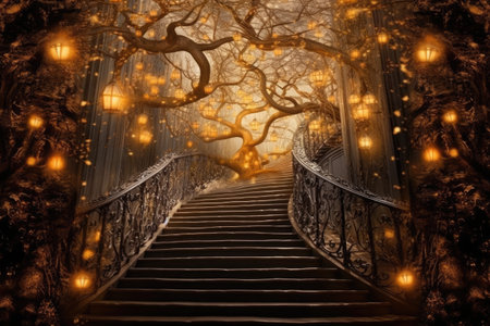Halloween background with an old tree and a staircase. 3d renderingの素材