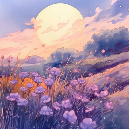 Sunset over the meadow with purple flowers, watercolor paintingの素材