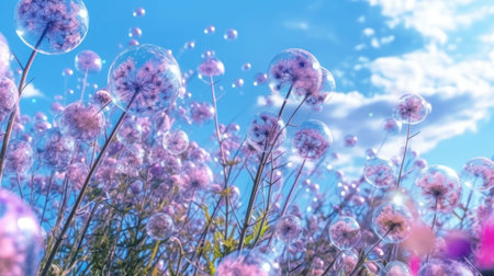 Bubbles on the background of blue sky and clouds. Beautiful nature backgroundの素材