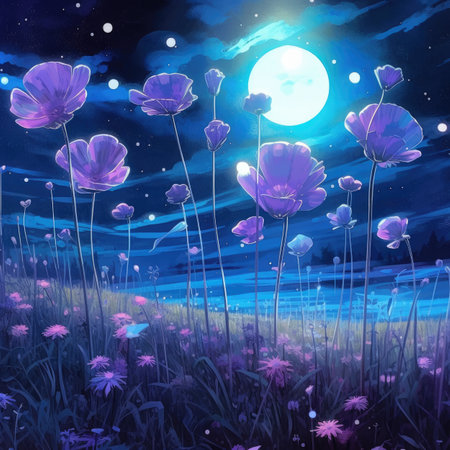 Beautiful fantasy landscape with flowers and full moon. Digital painting.の素材