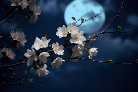 Cherry blossoms and the full moon in the night sky.の素材