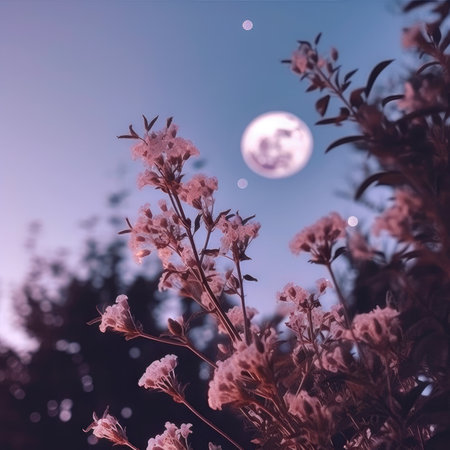 pink flowers and moon in the night sky. soft focus.の素材
