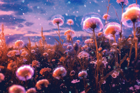 Beautiful fantasy landscape with flowers in the meadow at night.の素材
