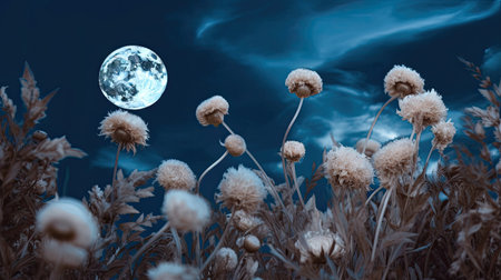 Full moon in the night sky over a meadow full of flowersの素材