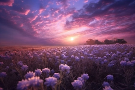 Beautiful sunset over the field with purple flowers. Nature composition.の素材