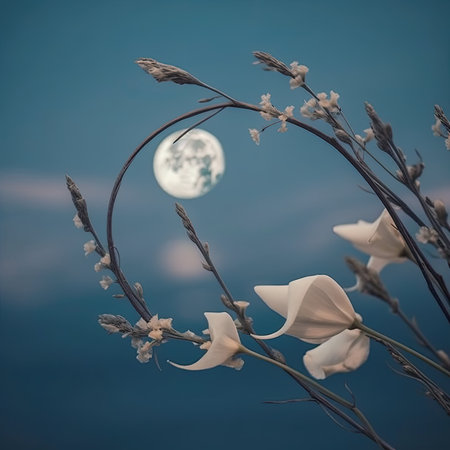 Vintage style photo of flowers and moon in the night sky.の素材