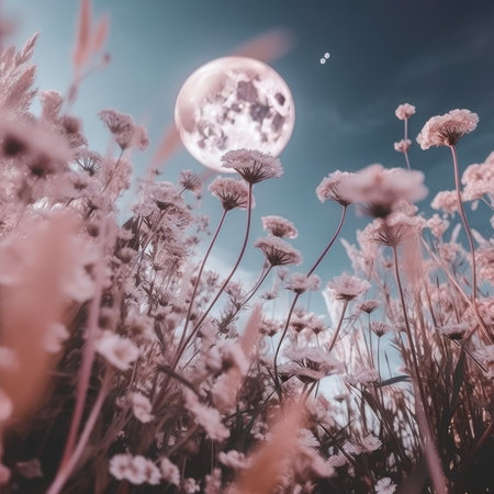 Beautiful landscape with flowers and full moon in the sky, retro styleの素材