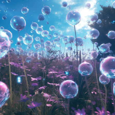 Soap bubbles in the grass with flowers and blue sky background.の素材