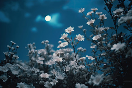 Beautiful flowers on the background of the night sky and the moonの素材
