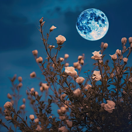 Beautiful flowers and full moon in the sky. Nature background.の素材