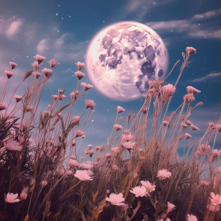 The moon over the grassland with flowers. 3d illustration.の素材
