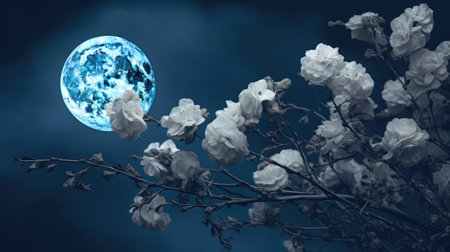 Blue Moon in the sky with white roses. 3D Renderingの素材