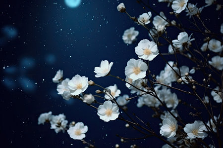 White flowers on a dark blue background with the moon and stars.の素材