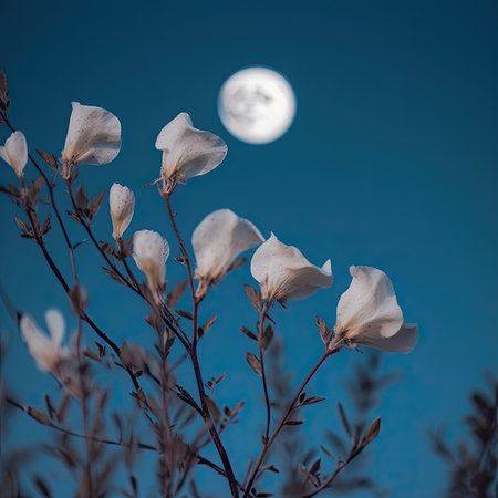White magnolia flowers in front of the full moon on blue skyの素材