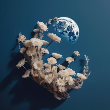 Bouquet of dried flowers and planet earth on blue background.の素材