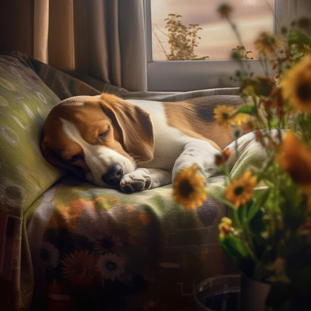 Beagle dog sleeping on a sofa with sunflowers in the backgroundの素材