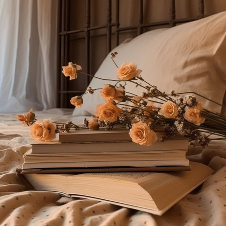 A stack of books and a bouquet of dried flowers on the bedの素材