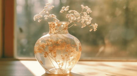 Vase with dried flowers on the windowsill in the morning.の素材