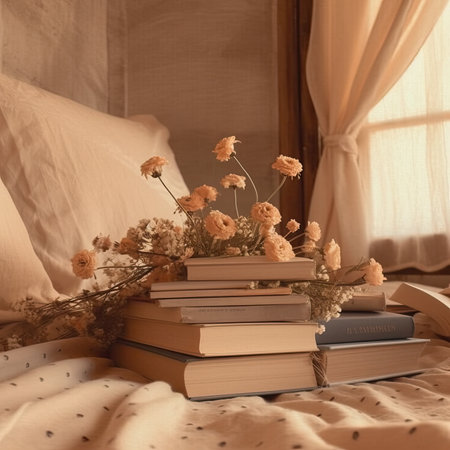 Pile of books and dry flowers on the bed. Vintage style.の素材