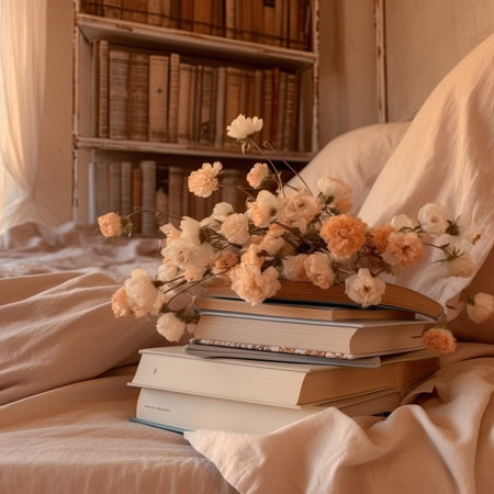 books on the bed with flowers in the interior of a cozy roomの素材