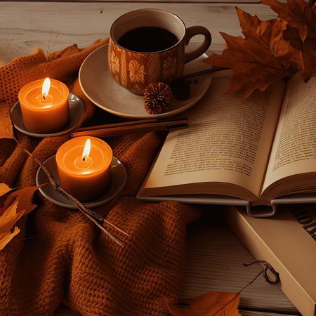 Cup of coffee, book, candles and autumn leaves on wooden backgroundの素材