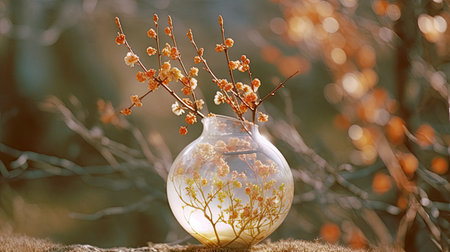 Vase with blooming branch on the background of the forest.の素材