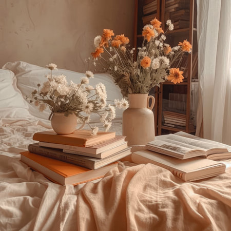Books and vase with flowers on the bed in the morning.の素材