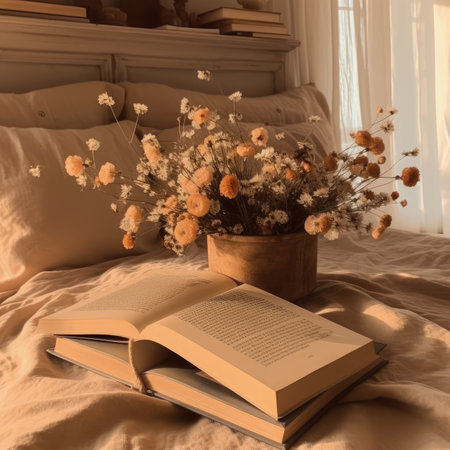 Open book and dried flowers in vase on bed at home.の素材