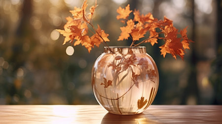 Autumn leaves in vase on wooden table with bokeh backgroundの素材