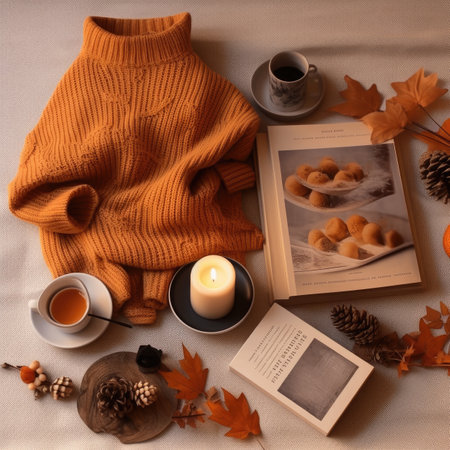 Cozy autumn composition with cup of tea, knitted sweater, book, candles, cones and leaves on a white backgroundの素材
