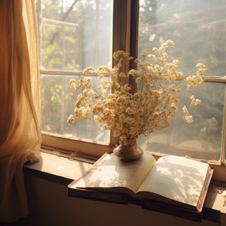 Vase with dry flowers and open book on the windowsill.の素材