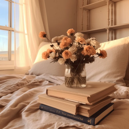 A stack of books and a vase of flowers on the bedの素材