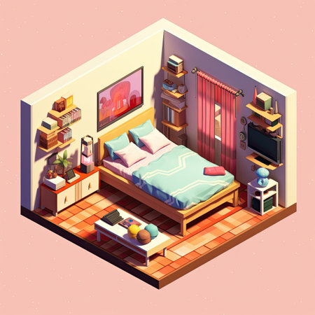 Bedroom isometric composition with bedroom interior elements and furniture vector illustrationの素材