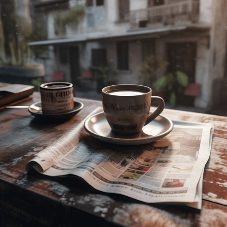 Coffee cup and newspaper on wooden table in coffee shop, vintage toneの素材