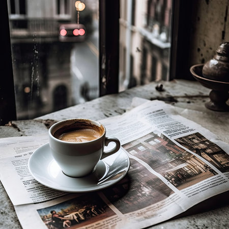 Coffee cup and newspaper on the table in coffee shop.の素材