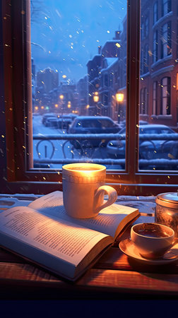 Cup of coffee and book on the windowsill at night in winterの素材