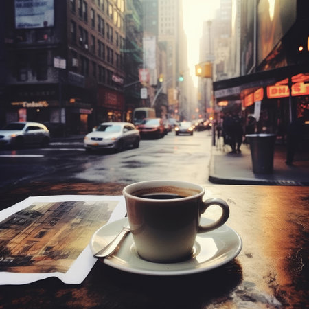 Coffee cup and newspaper on the street in New York Cityの素材