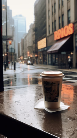 Coffee cup on a rainy day in New York City.の素材