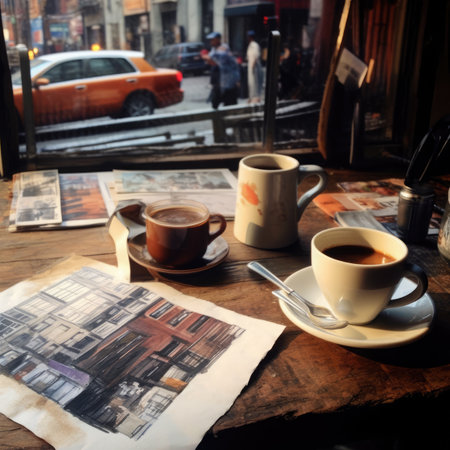 Coffee cup and newspaper on table in coffee shop, stock photoの素材
