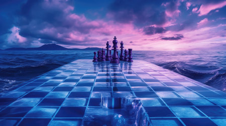Chess pieces on the edge of a swimming pool with sunset skyの素材