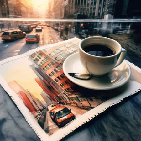 Coffee cup on the background of a city street with carsの素材