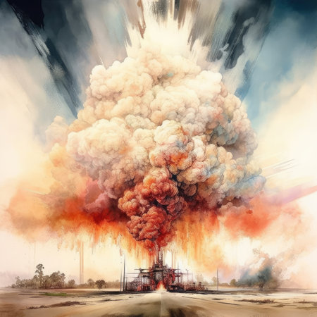 3D illustration of an industrial landscape with a huge blast of smokeの素材