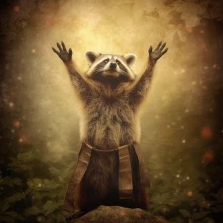 Raccoon sitting on a rock with his hands raised up.の素材
