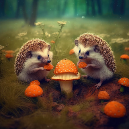 Hedgehogs in the forest with mushrooms. Halloween background.の素材