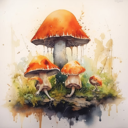 watercolor illustration of fly agaric mushrooms in the forest.の素材