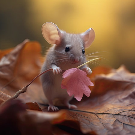 Cute little mouse with autumn leaf on the bokeh backgroundの素材