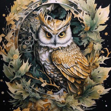 Watercolor painting of an owl in a wreath of oak leaves.の素材
