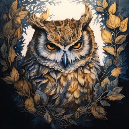 Owl with floral ornament on a dark background. Digital painting.の素材