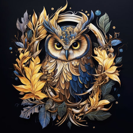 Owl with floral wreath on a black background. Vector illustration.の素材